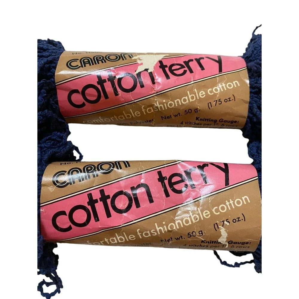 Vintage Caron Cotton Terry Yarn Navy 5018 Lot 2 Same Dye Lot Made In USA